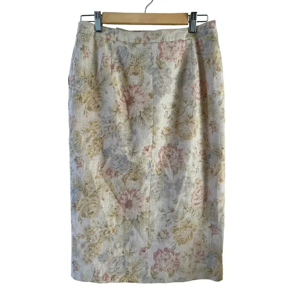 Vintage Chelsea Campbell High Waisted Linen Midi Skirt Beige Floral Print